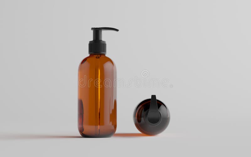 Amberkleurige glazen pomp flesje opzuiger vloeistof zeep shampoo dispenser twee flesjes 3d afbeelding