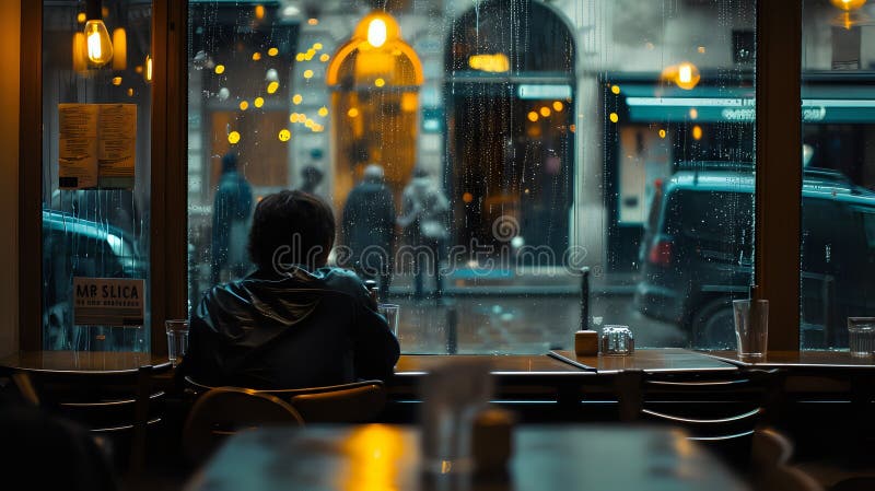 The ambiance of a cafe scene is tinged with melancholy in this photograph, as a person sits alone by a rainy window, detached from the surrounding hubbub, embodying a feeling of isolated serenity in a public setting./n Generated by ai. The ambiance of a cafe scene is tinged with melancholy in this photograph, as a person sits alone by a rainy window, detached from the surrounding hubbub, embodying a feeling of isolated serenity in a public setting./n Generated by ai