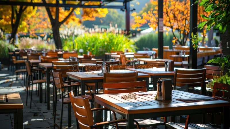 Ambiente de cafetería exterior con mesas y sillas de madera. Un ambiente acogedor en una cafetería al aire libre con mesas de madera bien dispuestas y cómodas sillas que esperan a los huéspedes