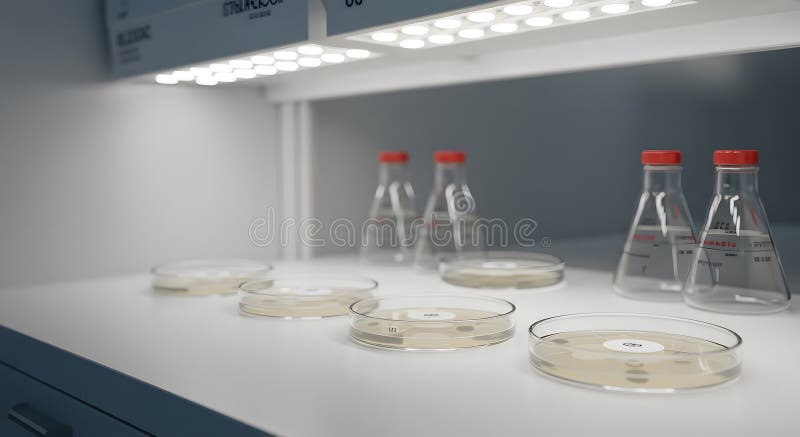 Ambiente di laboratorio sterile : Piante Petri e flaconi Erlenmeyer con luce UV illustrazione di stock