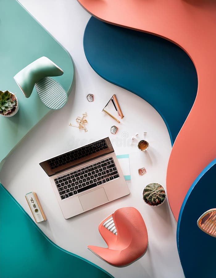 Ambiente di lavoro moderno con caffettiera per computer e decorazioni su tavolo 3d rendering illustrazione vettoriale