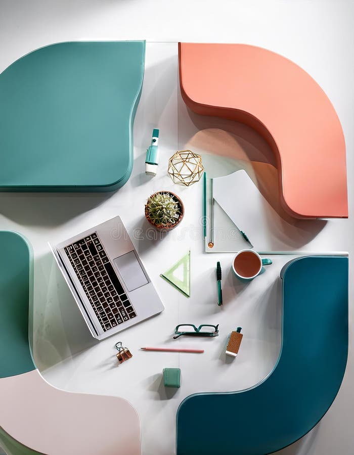 Ambiente di lavoro moderno con caffettiera per computer e decorazioni su tavolo 3d rendering royalty illustrazione gratis