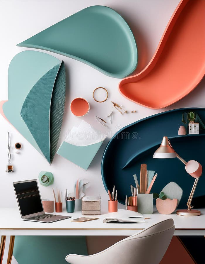 Ambiente di lavoro moderno con caffettiera per computer e decorazioni su tavolo 3d rendering royalty illustrazione gratis