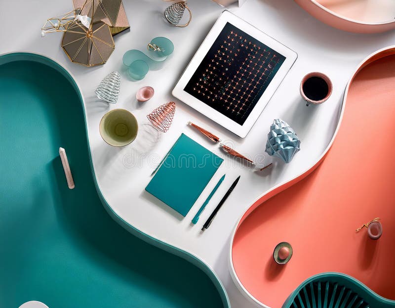 Ambiente di lavoro moderno con caffettiera per computer e decorazioni su tavolo 3d rendering royalty illustrazione gratis