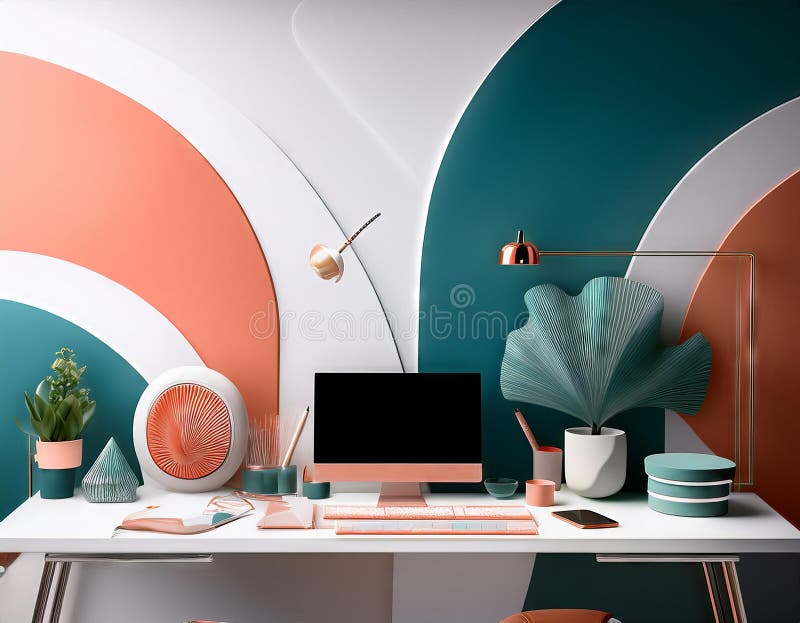 Ambiente di lavoro moderno con caffettiera per computer e decorazioni su tavolo 3d rendering illustrazione di stock