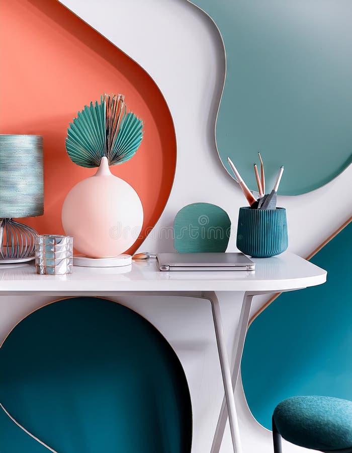 Ambiente di lavoro moderno con caffettiera per computer e decorazioni su tavolo 3d rendering royalty illustrazione gratis