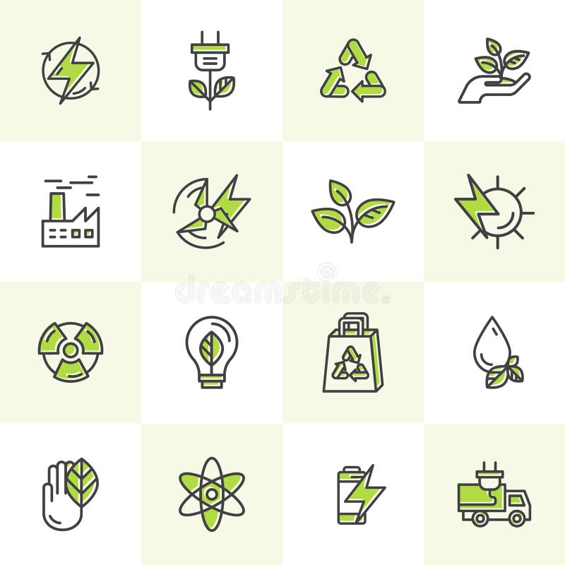 Ambiente, energia rinnovabile, tecnologia sostenibile, riciclante, soluzioni di ecologia Icone per il sito Web, progettazione di