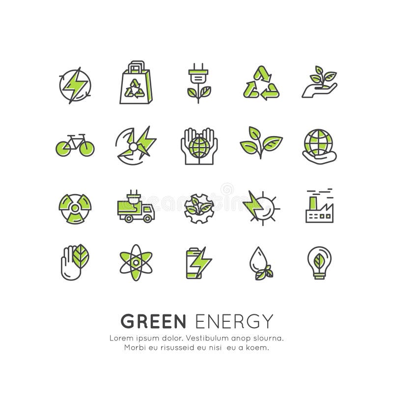 Ambiente, energía renovable, tecnología sostenible, reciclando, soluciones de la ecología Iconos para el sitio web, diseño móvil