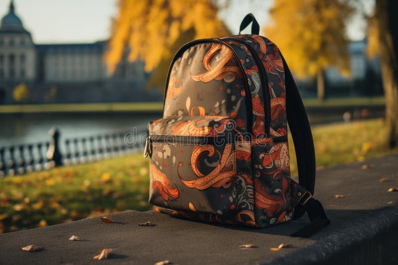 Ambiente otoñal con mochila elegante stock de ilustración