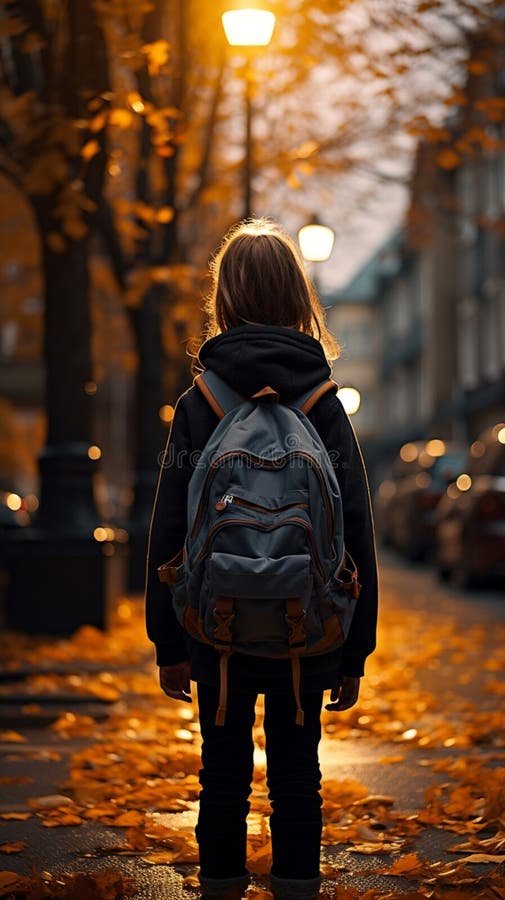 Ambiente serale, bel studente di scuola elementare con zaino in spalla royalty illustrazione gratis