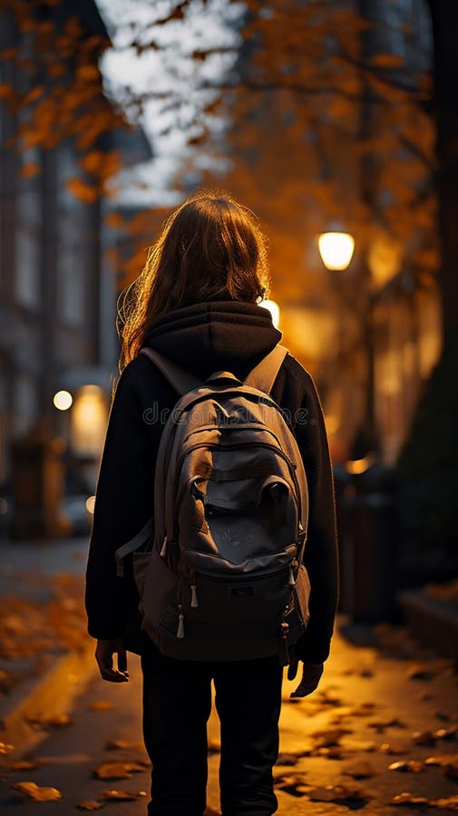 Ambiente serale, bel studente di scuola elementare con zaino in spalla royalty illustrazione gratis