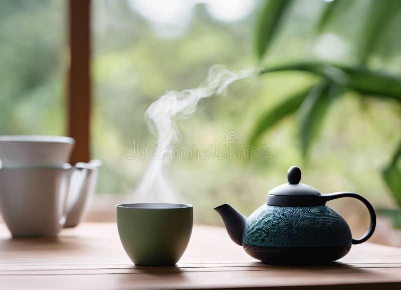 Ambiente sereno, con una taza de té al vapor y una tetera sobre una mesa de madera rodeada de vegetación exuberante. libre illustration