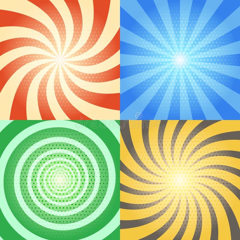 Ambiti di provenienza di vettore del libro di fumetti messi Retro sprazzo di sole ed effetti a spirale con il modello di semitono illustrazione vettoriale Ambiti di provenienza di vettore del libro di fumetti messi Retro sprazzo di sole ed effetti a spirale con il modello di semitono illustrazione vettoriale