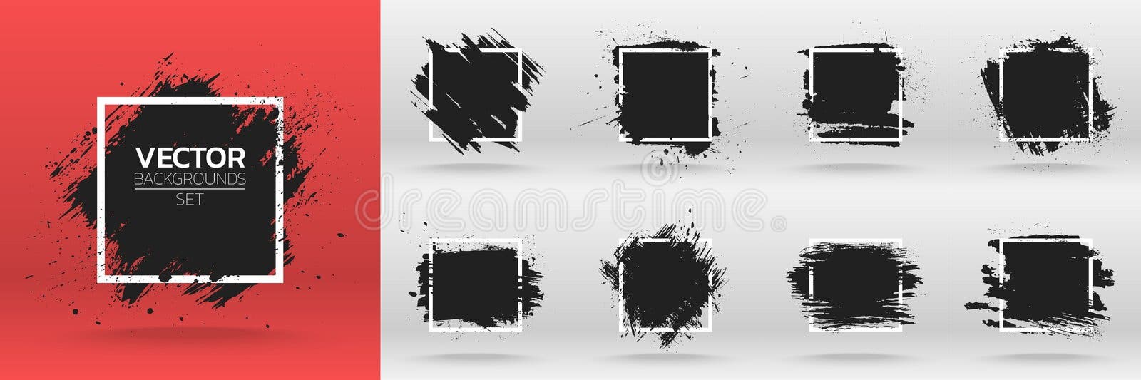 Ambiti di provenienza di lerciume messi Spazzoli il colpo nero dell'inchiostro della pittura sopra la struttura quadrata Ambiti di provenienza di lerciume messi Spazzoli il colpo nero dell'inchiostro della pittura sopra la struttura quadrata