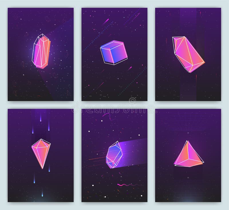 Ambiti di provenienza luminosi con retro spazio e cristalli al neon futuristici Manifesti d'avanguardia di stile 80s il vettore c illustrazione vettoriale