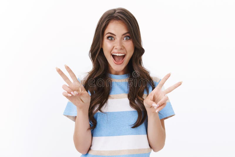 Ambitious Cheerful Glamour Brunette Woman Looking Impressed And Joyful Show Peace Or Victory