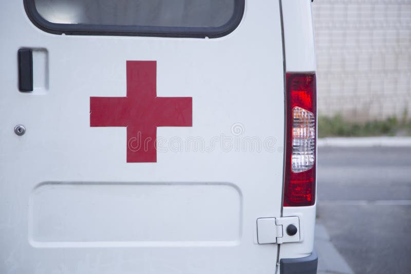 Ambulance car. White ambulance, rear view stock photos