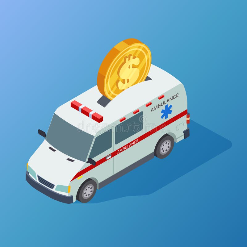 Ambulância isométrica e moeda do vetor comercial da medicina ilustração stock Ambulância isométrica e moeda do vetor comercial da medicina ilustração stock