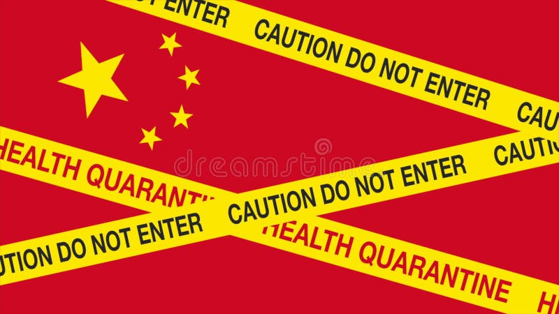 Ameaça de coronavírus da China Filme de animação mostra bandeira chinesa com fita de barricada amarela dizendo Causa não entra e