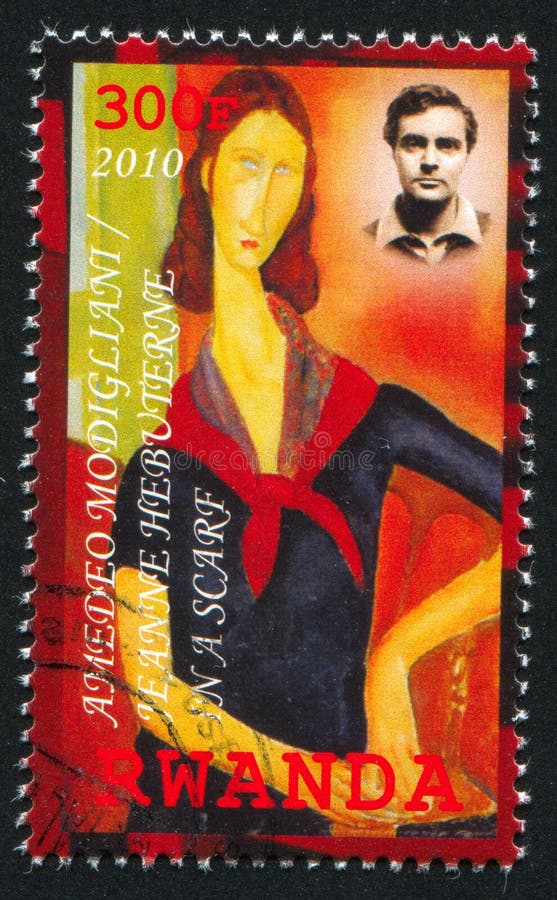 RWANDA - CIRCA 2010: stamp printed by Rwanda, shows Jeanne Hebuterne in a Scarf by Amedeo Modigliani, circa 2010