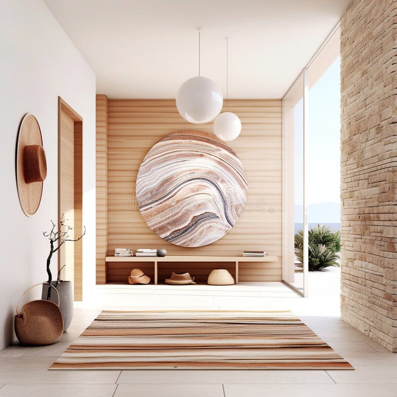 Amenajarea interioară de coastă a sălii moderne de intrare cu decor pentru uși și pietre. creat cu ajutor generativ royalty free illustration