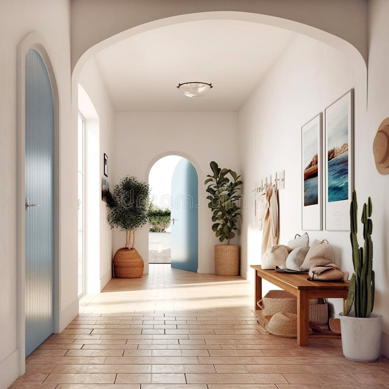 Amenajarea interioară de coastă a sălii moderne de intrare cu uși albastre. creat cu ajutor generativ stock illustration