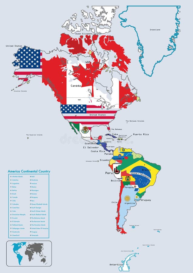 America Continental country flags and map