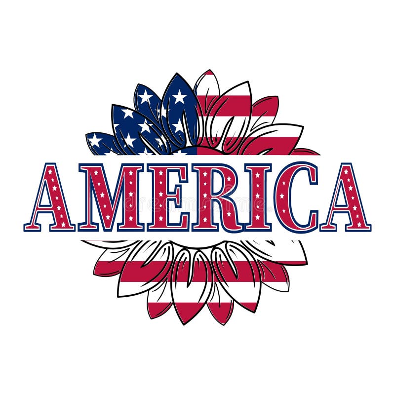 America text in color of USA flag in sunflower. Symbol 4th of July. Happy Independence Day