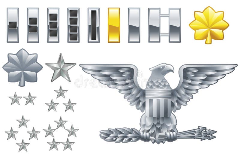 Un conjunto compuesto por militar Americano ejército oficial rango insignias iconos.