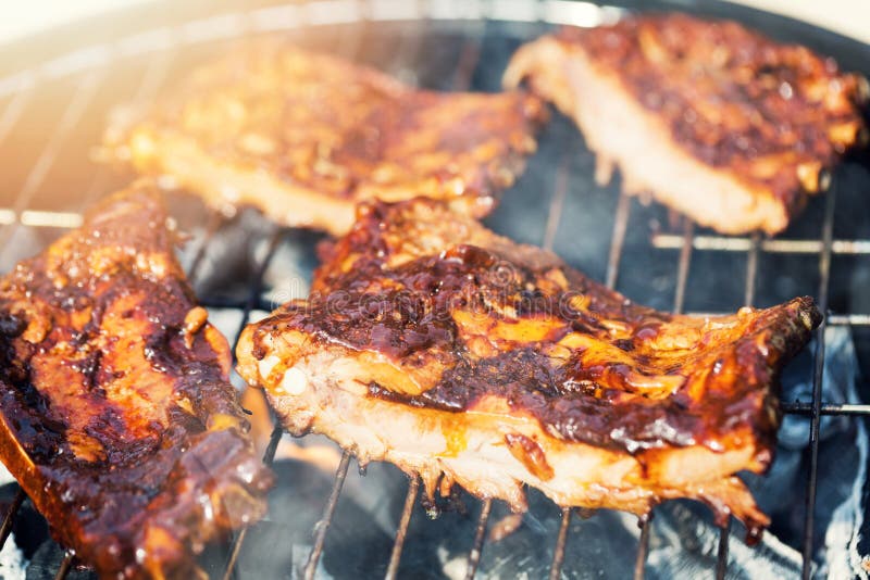 American Bbq Preparing Beef Ribs on Grill Stock Image Image of