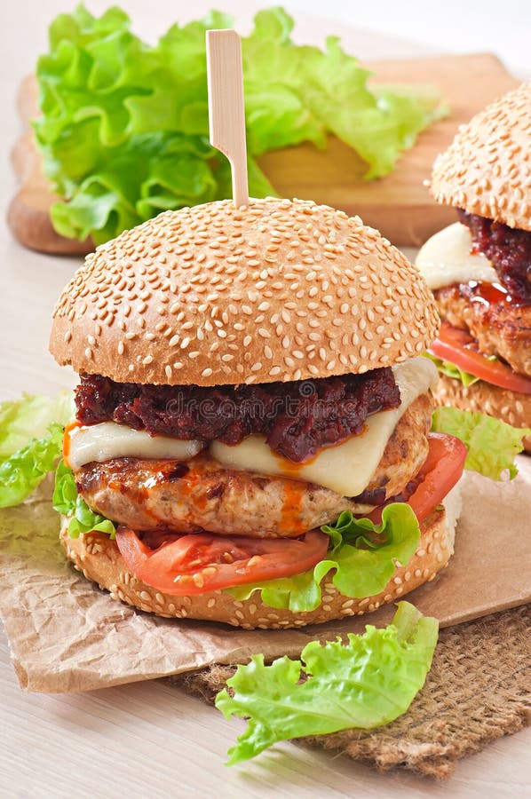 American Burger with Chicken and Bacon Stock Image - Image of american