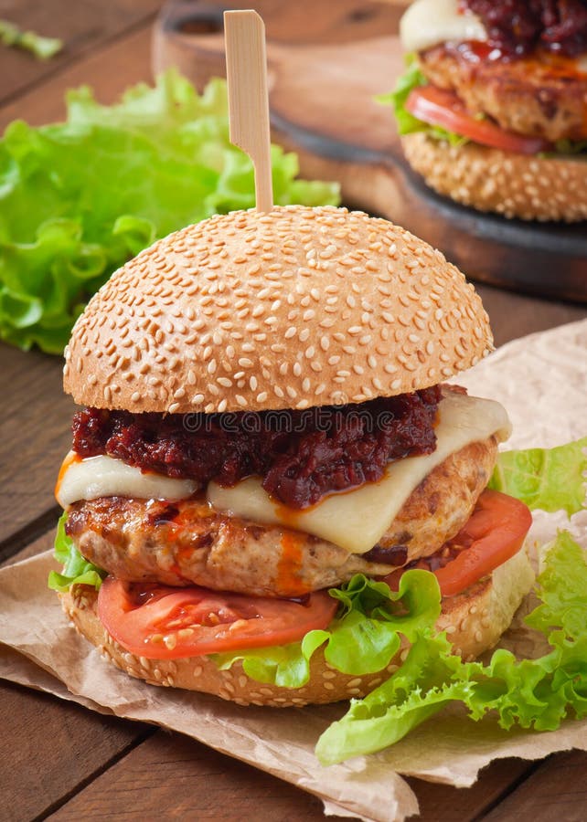 American Burger with Chicken and Bacon Stock Photo - Image of gourmet
