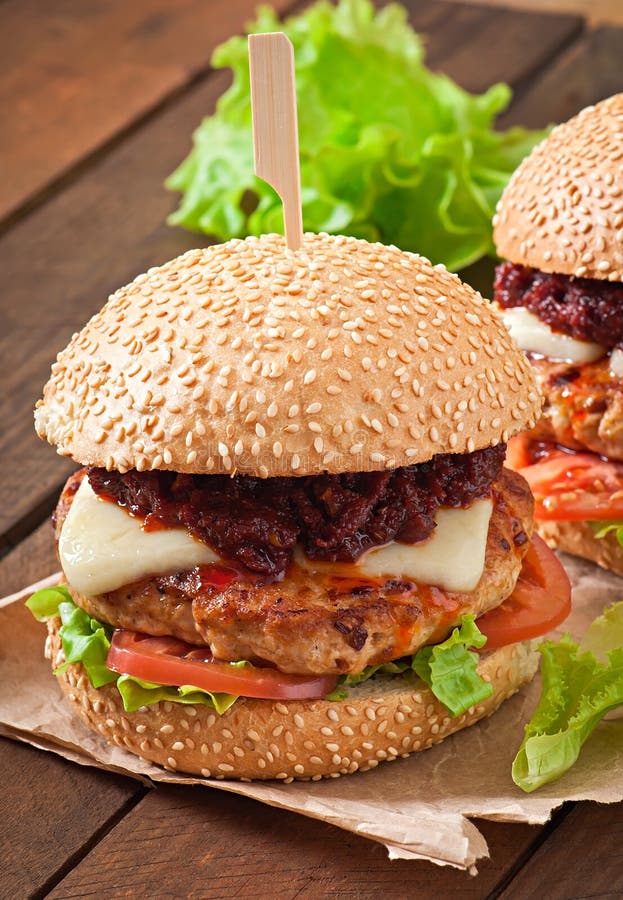 American Burger with Chicken and Bacon Stock Image - Image of chicken