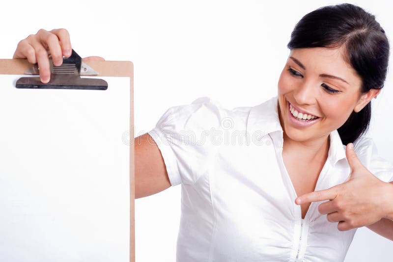 American business woman Pointing blank Clip board