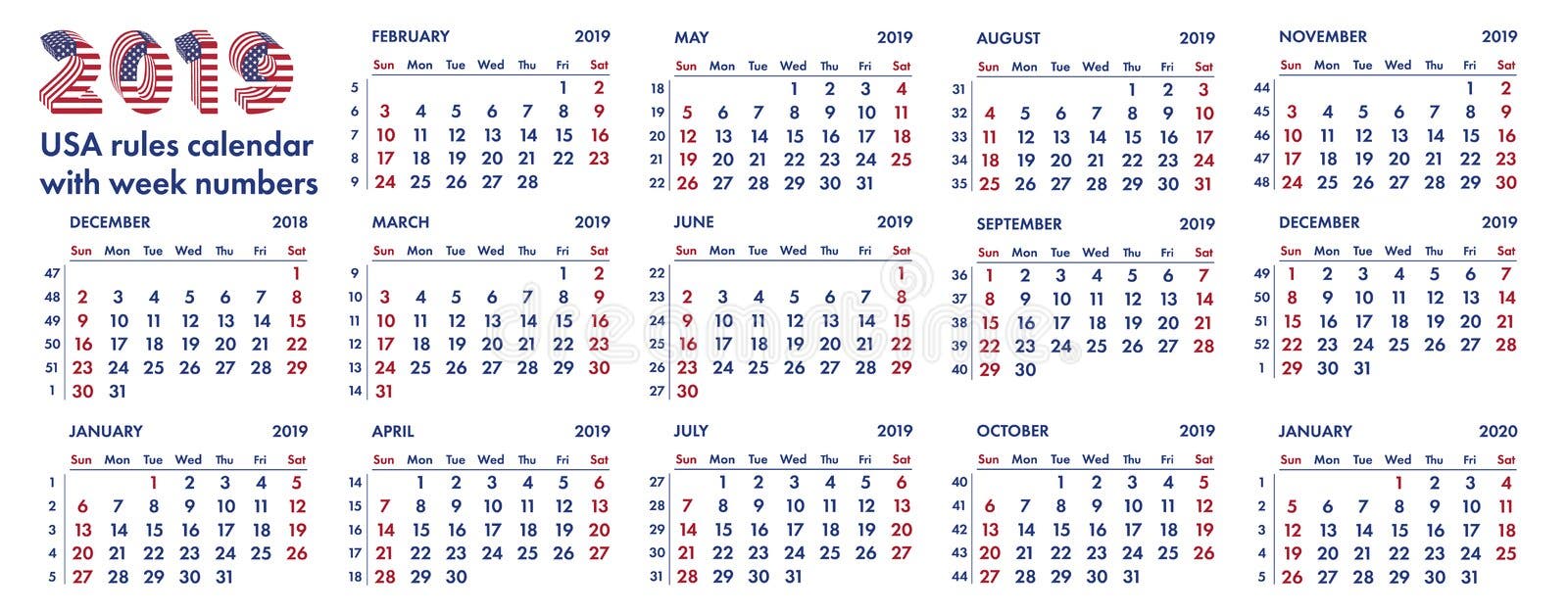 2019 US American English Calendar Stock Vector Illustration of canada