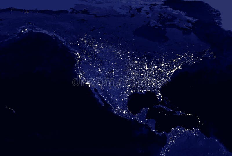 American continent electric lights map at night. City lights. Map of North and Central America. View from outer space