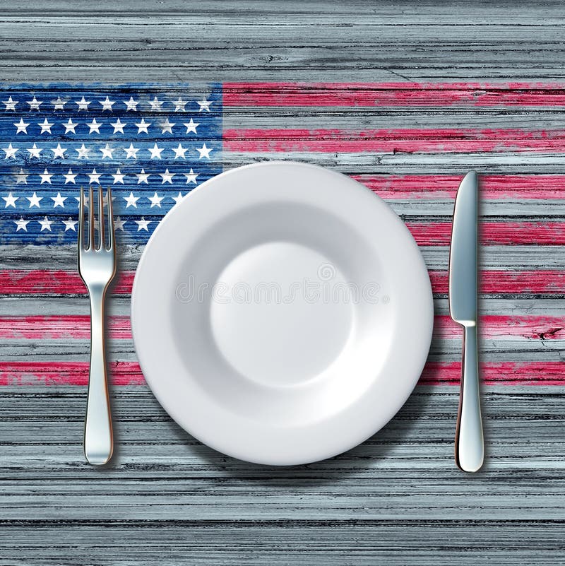 American cuisine food concept as a place setting with knife and fork on an old rustic wood table with a symbol of the flag of the united states as an icon of traditional family eating in america.