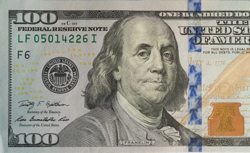100 American Dollars Closeup with a Portrait of President Benjamin ...