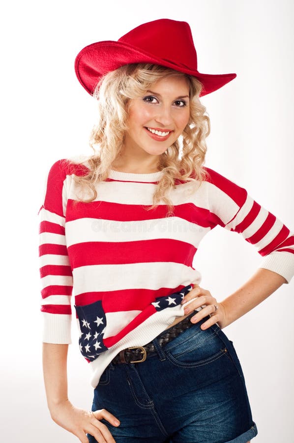 American-dressed girl in red hat