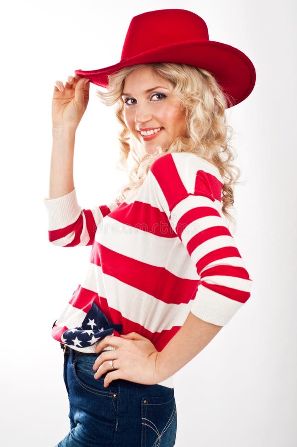 American-dressed girl in red hat