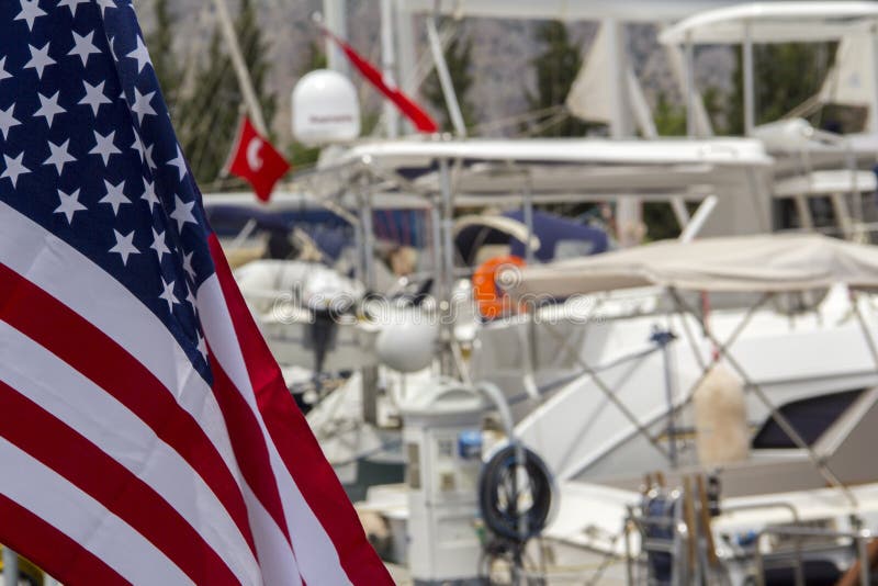 American Flag on Boat in Marina Stock Photo Image of deck, patriotic