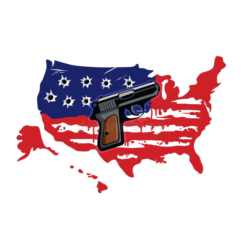 American Flag With Bullet Holes And Gun Vector. 