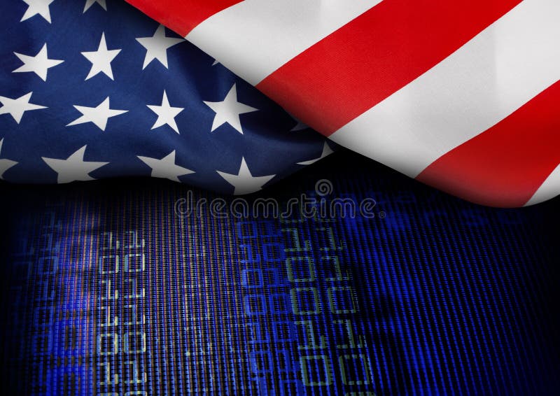 Digital concept. American flag on the digital screen background. Binary data on a computer monitor screen