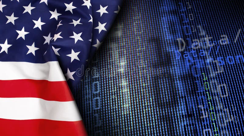 Digital concept. American flag on the digital screen background. Binary data on a computer monitor screen