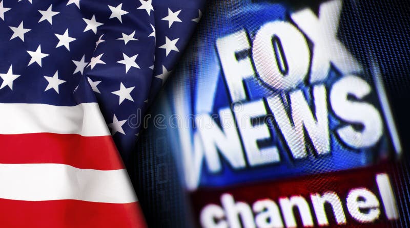 American flag on a FOX NEWS logo channel background on a tv monitor screen background for copy-paste text. Design concept