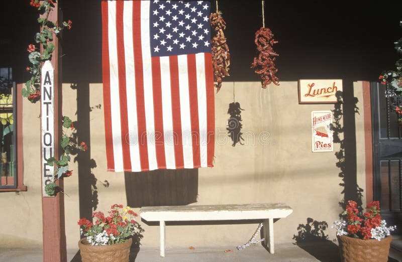 American Flag in Front of Antique Store, Santa Fe, New Mexico Editorial