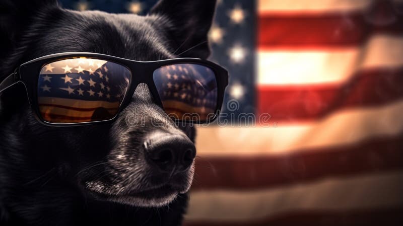 American flag motif sunglasses wearing by the dog. Beautiful dog with USA flag and sunglasses. American flag motif sunglasses wearing by the dog. Beautiful dog with USA flag and sunglasses