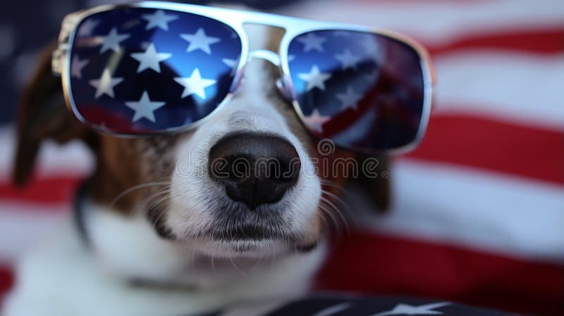 American flag motif sunglasses wearing by the dog. Beautiful dog with USA flag and sunglasses. American flag motif sunglasses wearing by the dog. Beautiful dog with USA flag and sunglasses