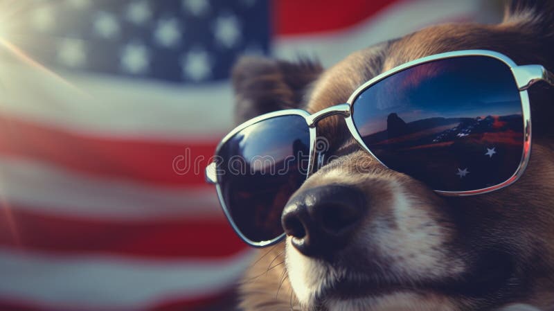 American flag motif sunglasses wearing by the dog. Beautiful dog with USA flag and sunglasses. American flag motif sunglasses wearing by the dog. Beautiful dog with USA flag and sunglasses