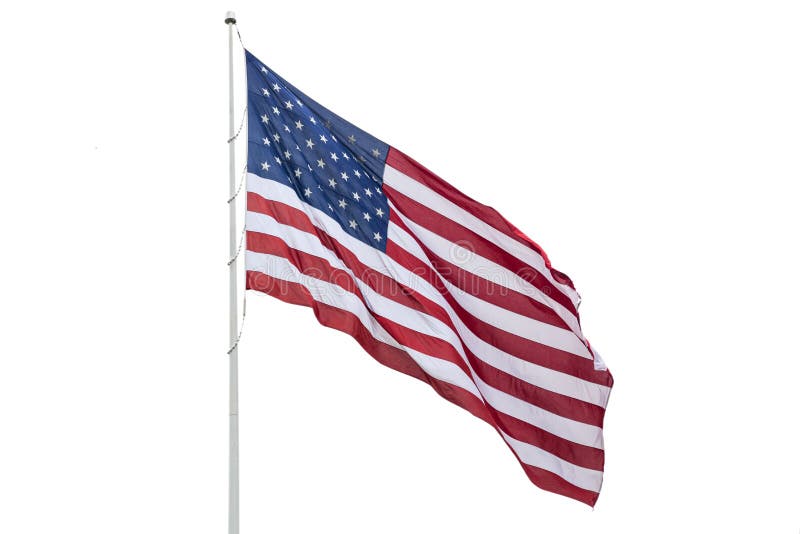 United States flag on a pole waving isolated on white background